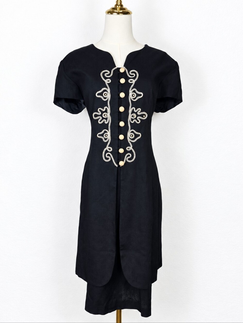 Vintage 80s Julian Taylor Linen Dress 12 Art to Wear Embroidered Statement Goth